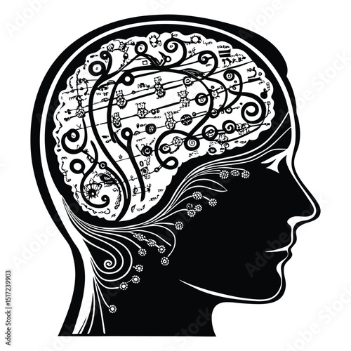The "Math Genius Open Head Equations" illustration depicts a silhouette of a head with the top open, from which mathematical formulas and symbols emerge.