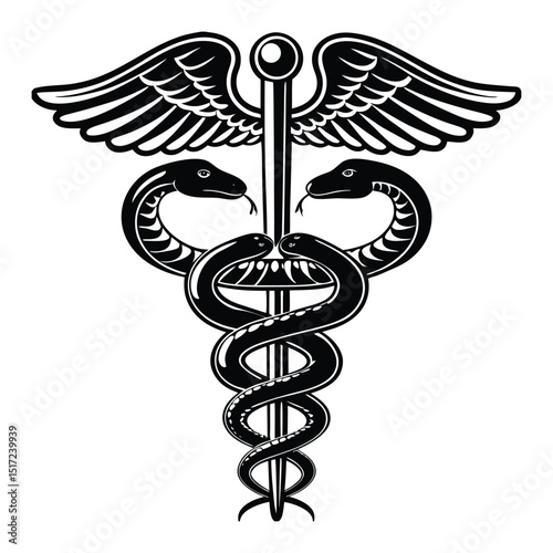 Silhouette of a medical caduceus with two snakes winding around a winged staff, symbolizing health, healing, and medicine in a bold, minimal black design.
