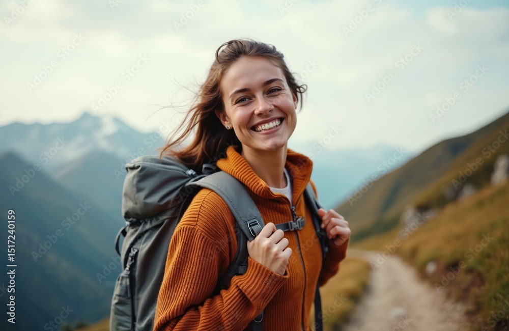 Young happy woman with backpack on mountain path. She hikes, smiles at camera, enjoys nature. Female traveler, adventure, trekking, active lifestyle in mountains. Young happy woman with backpack on mountain path. She hikes, smiles at camera, enjoys nature. Female traveler, adventure, trekking, active lifestyle in mountains.