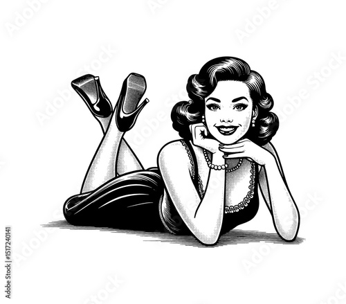 Smiling Woman Lying Down with Hand on Chin Wearing Dress and Heels in Pinup Style