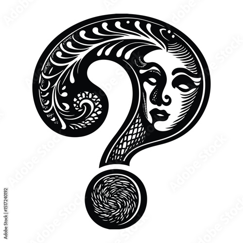 A mysterious silhouette shaped like a question mark with a human face profile, symbolizing curiosity, uncertainty, and the quest for answers.
