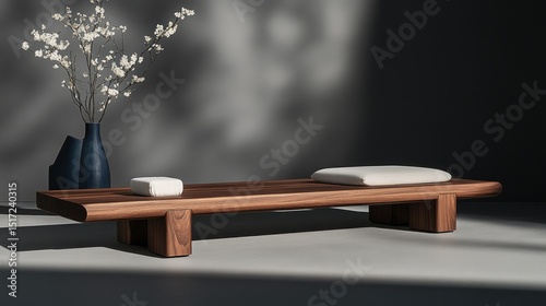 Wooden bench with minimalist cushions and  soft lighting.