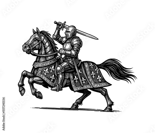 Engraved Knight Riding Horse Raising Sword in Victory, Warrior in Armor on Horseback, Black and White