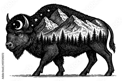 Detailed Black and White Engraving of a Buffalo Silhouette with Mountains and Forest