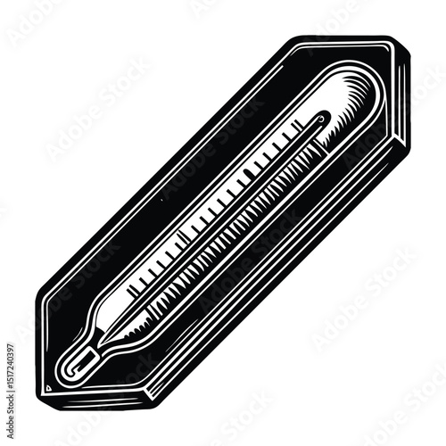 A simple black silhouette of a thermometer icon, showing the classic bulb and vertical tube shape, symbolizing temperature measurement in a clean, minimal style.
