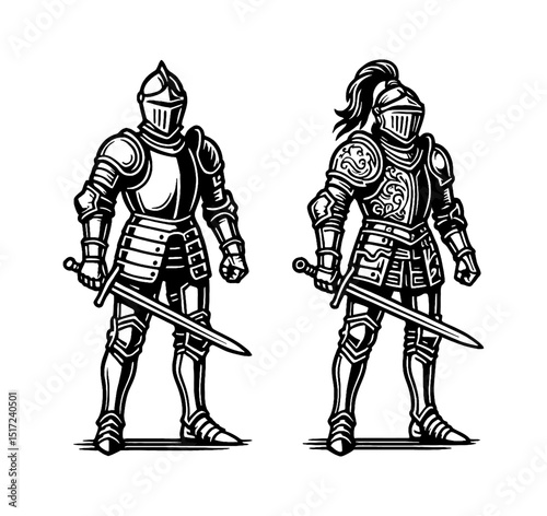 Two knights standing in full armor holding swords in black and white line art illustration