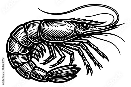 Detailed Black and White Engraving of a Shrimp with Intricate Lines and Textures Seafood Illustration