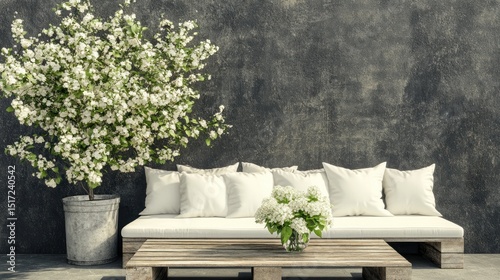 Outdoor patio furniture arrangement with blooming flowers.