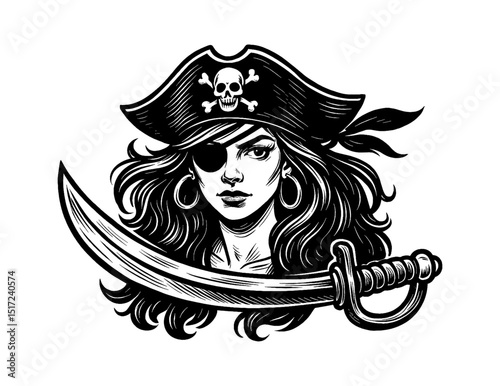 Illustration of a Pirate Woman with Eye Patch Holding Sword, Black and White Vector