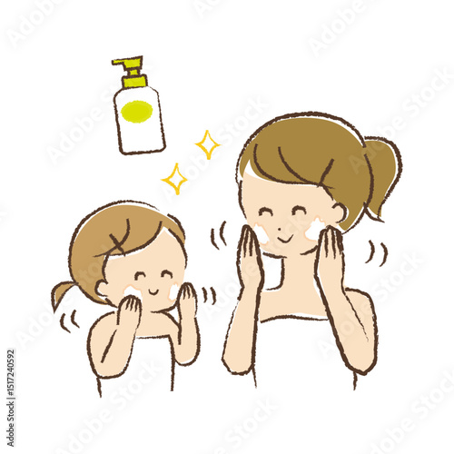 保湿クリームを顔に塗っている母子
