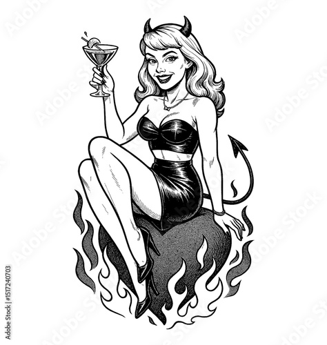 Blonde Pinup Devil Girl Sitting on Fire Heart with Cocktail, Wearing Lingerie with Happy Smile