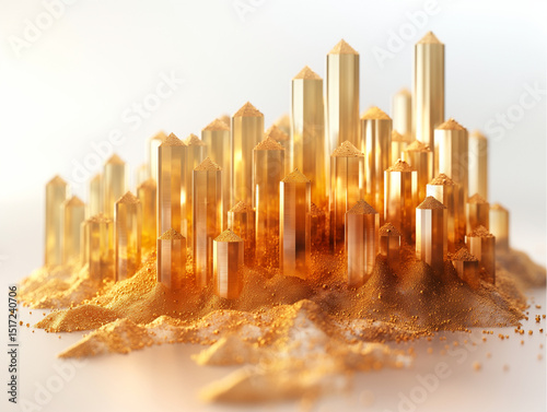 Golden opportunity visualization. Stylized cityscape formed from gold bars and particles. Represents wealth growth, investment, and economic power—ideal for finance, luxury branding, or real estate pr