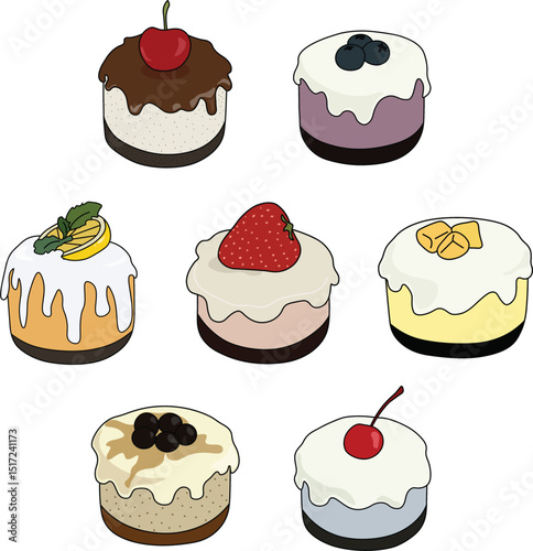 set of cakes - A charming collection of 7 hand-drawn vector mini cake illustrations topped with various fruits, including cherry, blueberry, strawberry, mango, lemon, and brown sugar boba