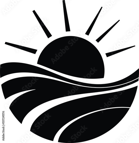 A stylized black and white image depicting a sun rising over stylized waves in a circular format silhouette