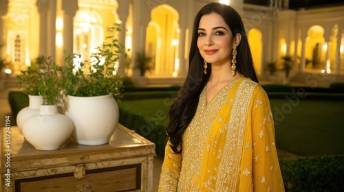 Elegant woman in a yellow embroidered outfit outdoors.
