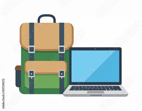 Backpack and laptop illustration for digital nomad work and travel gear on white background