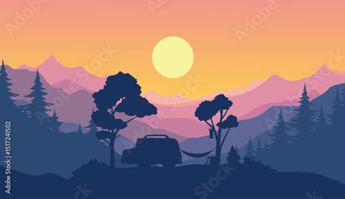 Flat Vector Sunset Mountain Landscape with Camping Tents and Forest