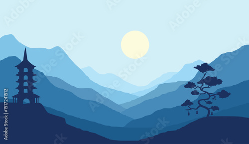 Flat Vector Mountain Landscape with silhouette of monastery tower