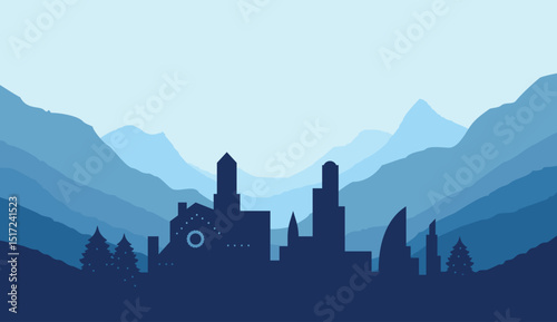 Flat Vector Mountain Landscape with Christmas Tree Silhouette