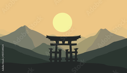 Flat Vector Mountain Hill Scenery with China Gate Silhouette