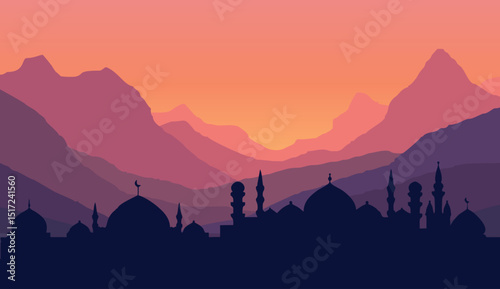 Flat Vector Mountain Landscape with Mosque Silhouette