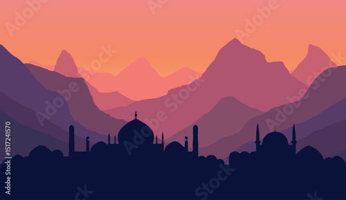 Flat Vector Mountain Landscape with Mosque Silhouette