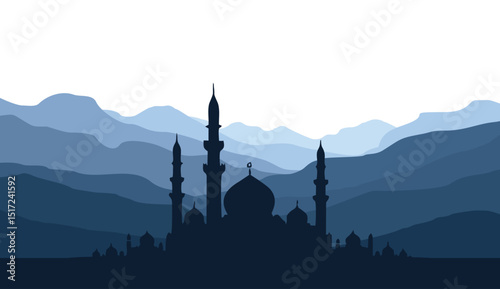 Flat Vector Mountain Landscape with Mosque Silhouette