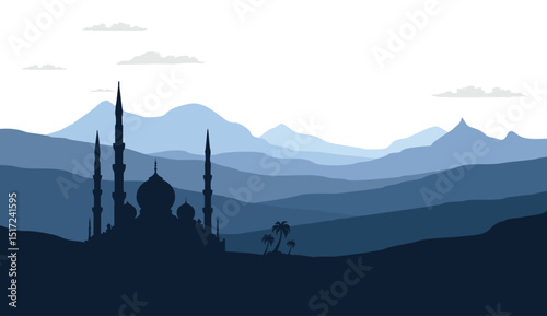 Flat Vector Mountain Landscape with Mosque Silhouette