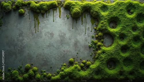 Texture of wall covered in vibrant green moss with holes, creating pattern. Organic, natural backdrop with slime drips, eco-friendly, nature vibes. Perfect for design, eco-tech.