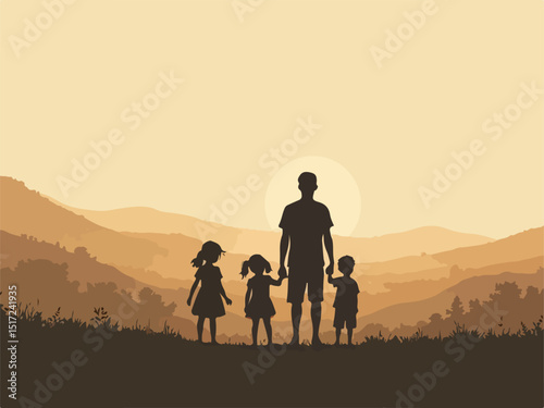 A family stands together in front of a majestic mountain, enjoying the scenic view and each other's company..eps