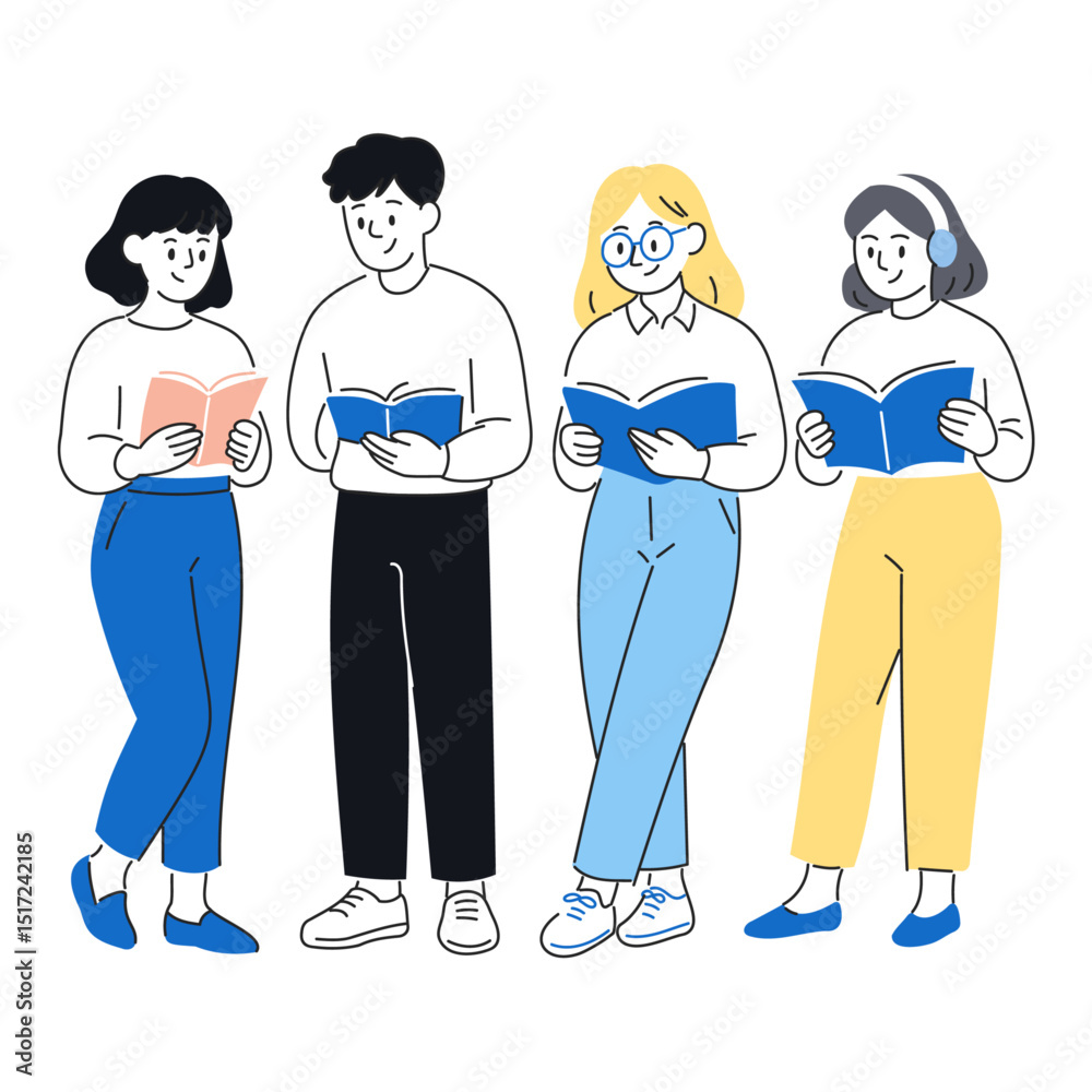 Obraz premium 本を読む若者たちのイラスト