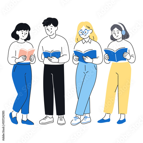 本を読む若者たちのイラスト