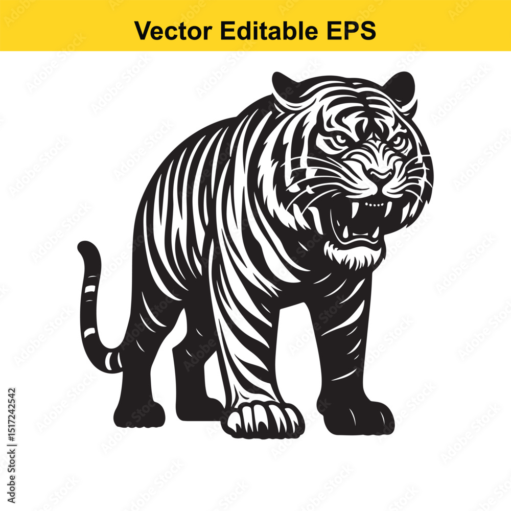 Aggressive Black and White Tiger Illustration, Vector Editable EPS Aggressive Black and White Tiger Illustration, Vector Editable EPS