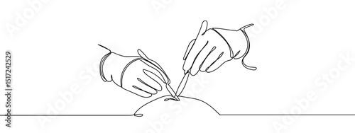 Continuous line, the hand of the doctor is performing surgery, surgery, scalpel line art vector Edit Stroke.