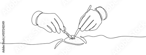 Continuous line, the hand of the doctor is performing surgery, surgery, scalpel line art vector Edit Stroke.