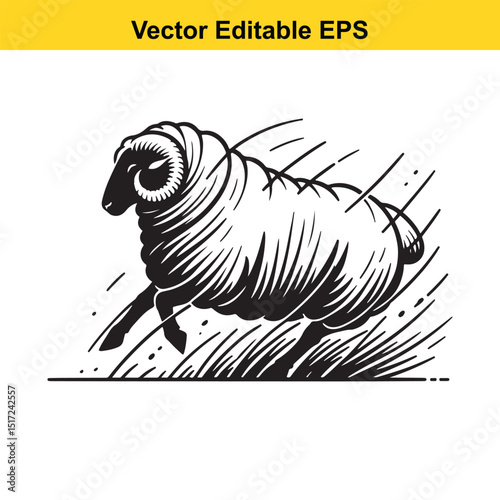 A running ram, a black and white vector illustration, depicts a woolly ram in motion against a stark white backdrop.