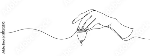 Continuous line. Hand holding a sanitary cup. line art vector Edit Stroke.