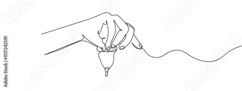 Continuous line. Hand holding a sanitary cup. line art vector Edit Stroke.