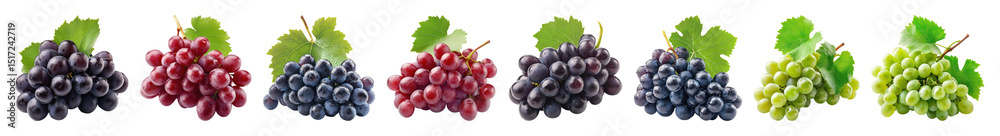 Fototapeta premium PNG Colorful grapes with green leaves transparent background.