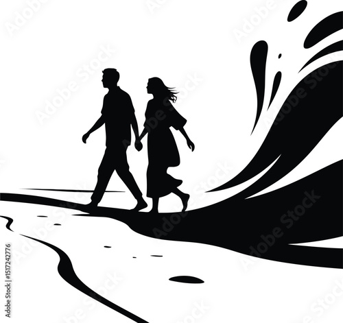 A silhouette of a man and woman walking hand in hand along a beach with a large wave crashing nearby