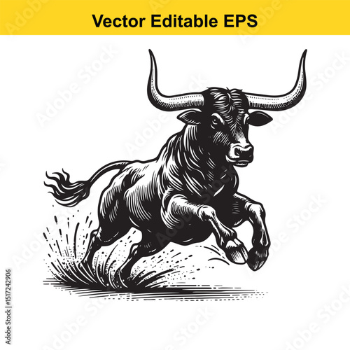 A powerful bull charging forward, depicted in a vintage woodcut style, showcasing its strength and majestic horns.