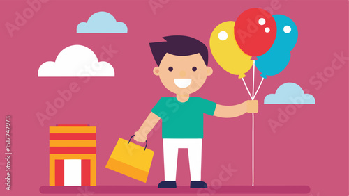 Balloon Bonanza A cheerful parent holding a colorful bundle of balloons while shopping for toys. The background features bright sale signs with percentages displayed prominently.