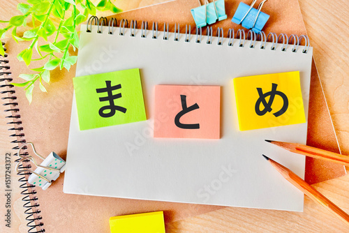 Photos まとめの文字と付箋とデスク背景