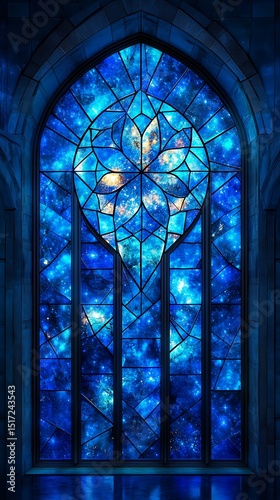 Celestial illumination: A mesmerizing blue stained glass window masterpiece