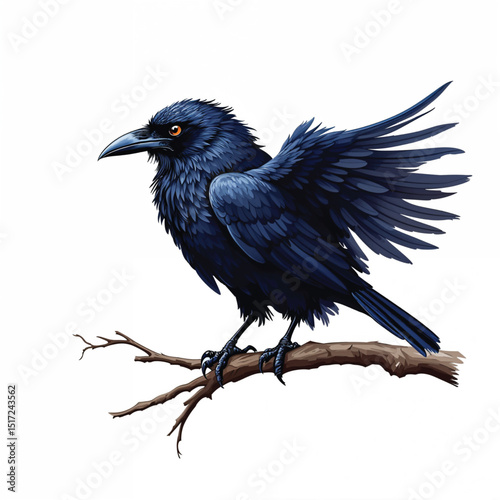 Illustration of a black crow standing isolated