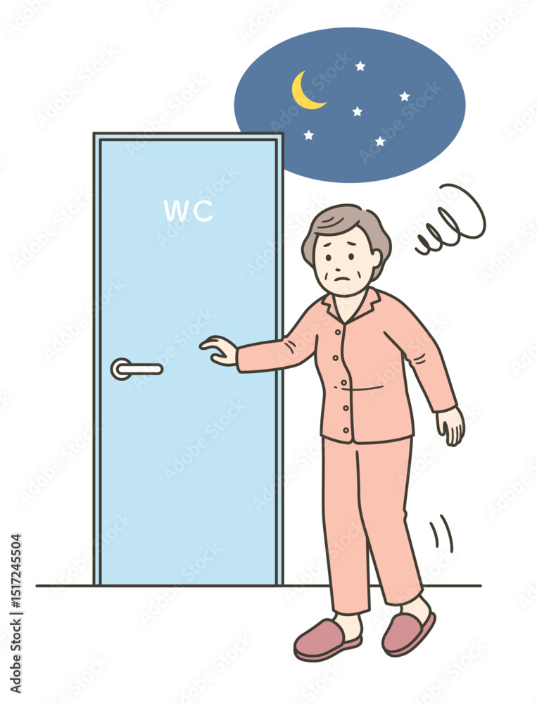 Fototapeta premium 睡眠中に尿意を覚えトイレに行く夜間頻尿に悩む高齢女性のイラスト
