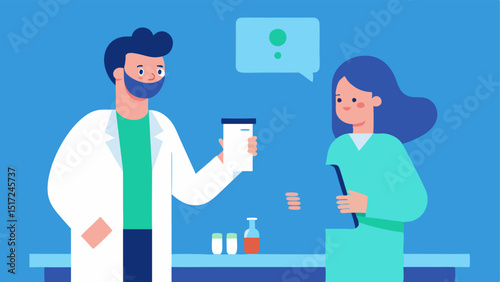 Healthcare Professional A friendly healthcare worker in scrubs and a lab coat interacting with a patient next to the mobile lab explaining the testing process.