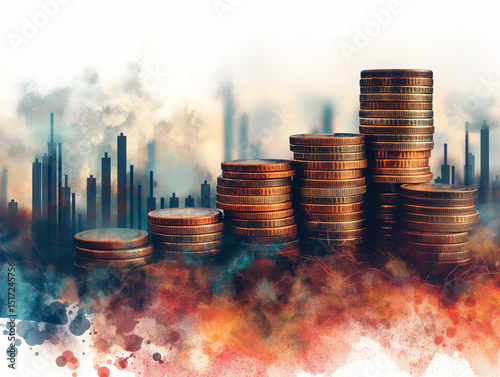 Stacked Coins Forming a City Skyline in Abstract Watercolor Style

