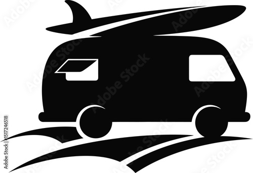 A black and white illustration of a camper van with a surfboard on top driving on a road trip silhouette