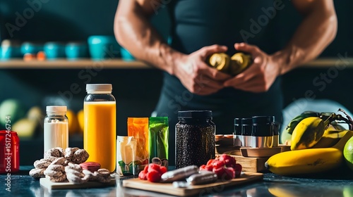 Healthy foods and drinks displayed on a kitchen counter.
